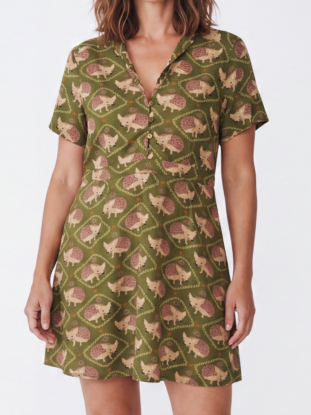 ModCloth Olive Hedgehog Print Mini Dress Mod Twee Whimsical Dopamine geek chic